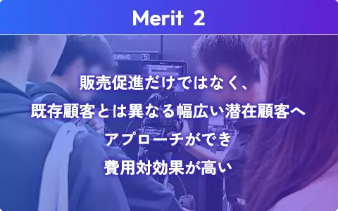 販売促進だけではなく、既存顧客とは異なる幅広い潜在顧客へアプローチができ費用対効果が高い